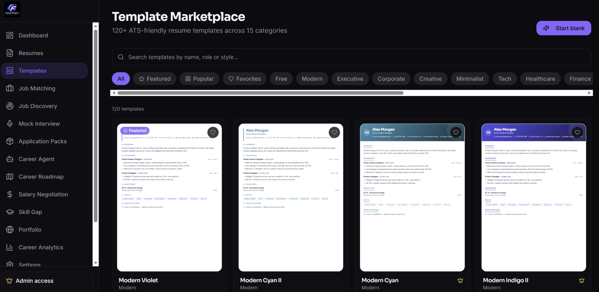 CareerForge AI template marketplace — 120+ ATS-friendly resume templates